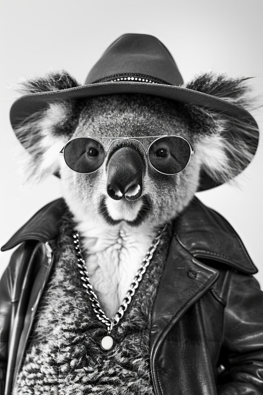 Fotografie Poster Koala Hut Brille schwarz-weiß