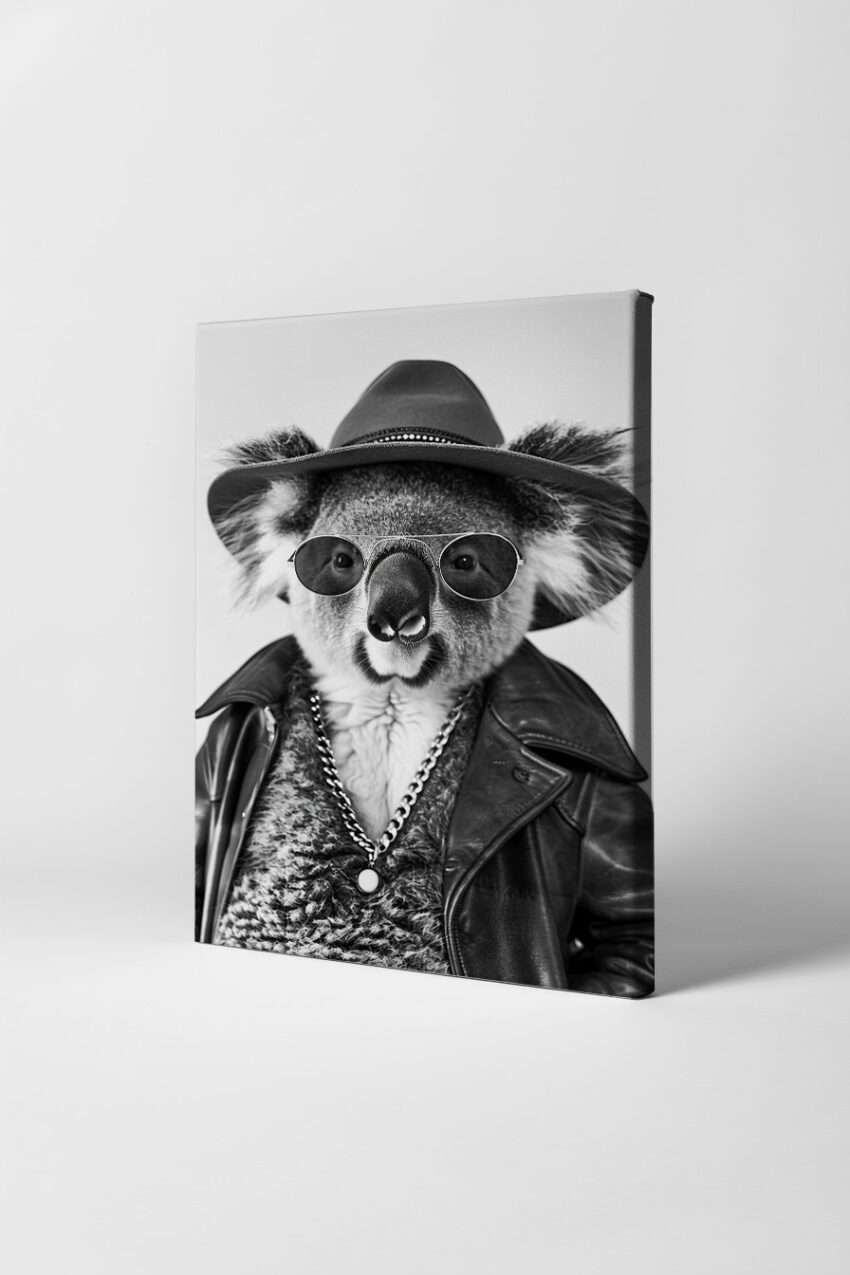 Fotografie Poster Koala Hut Brille schwarz-weiß