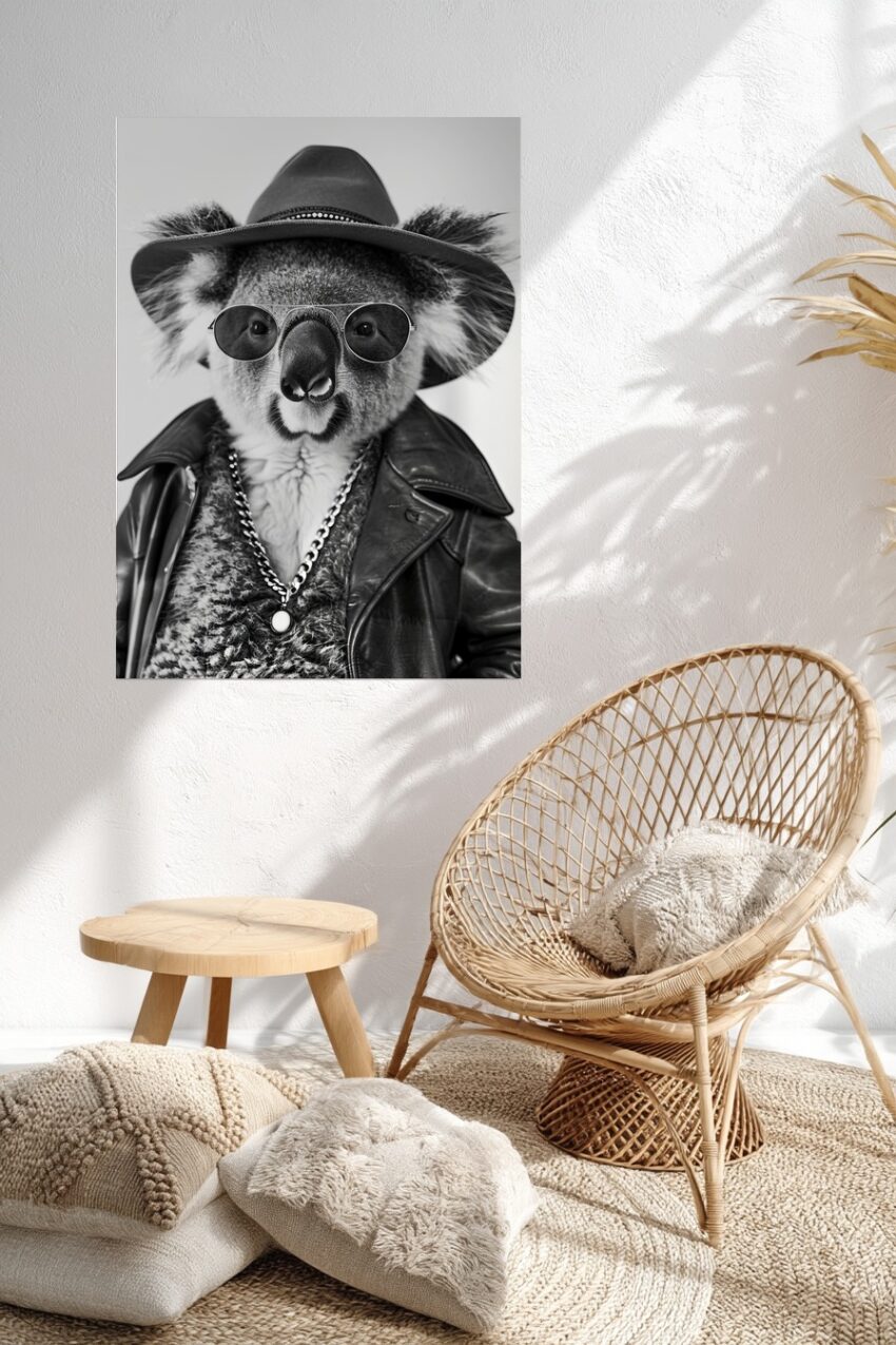Fotografie Poster Koala Hut Brille schwarz-weiß