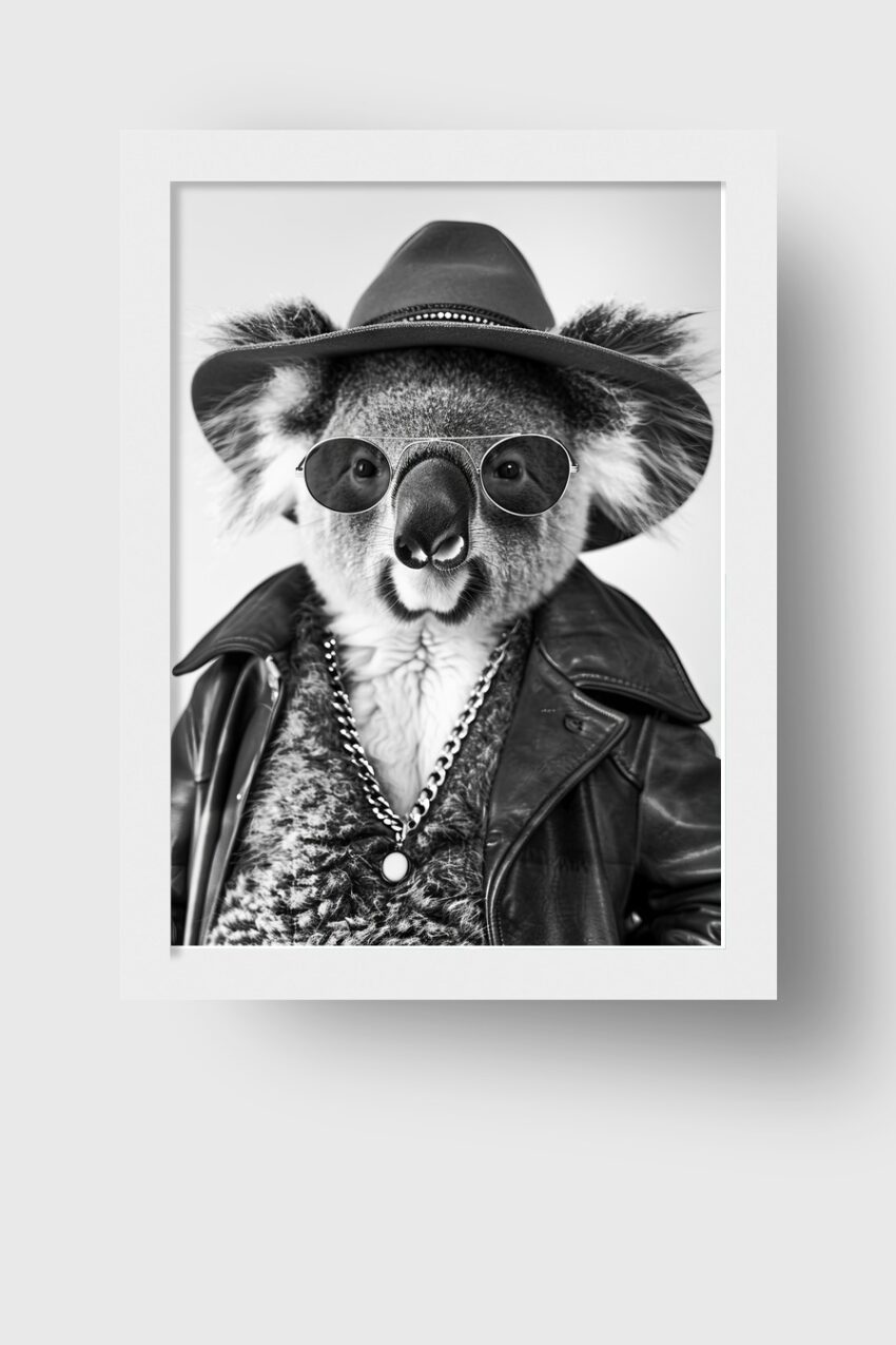 Fotografie Poster Koala Hut Brille schwarz-weiß