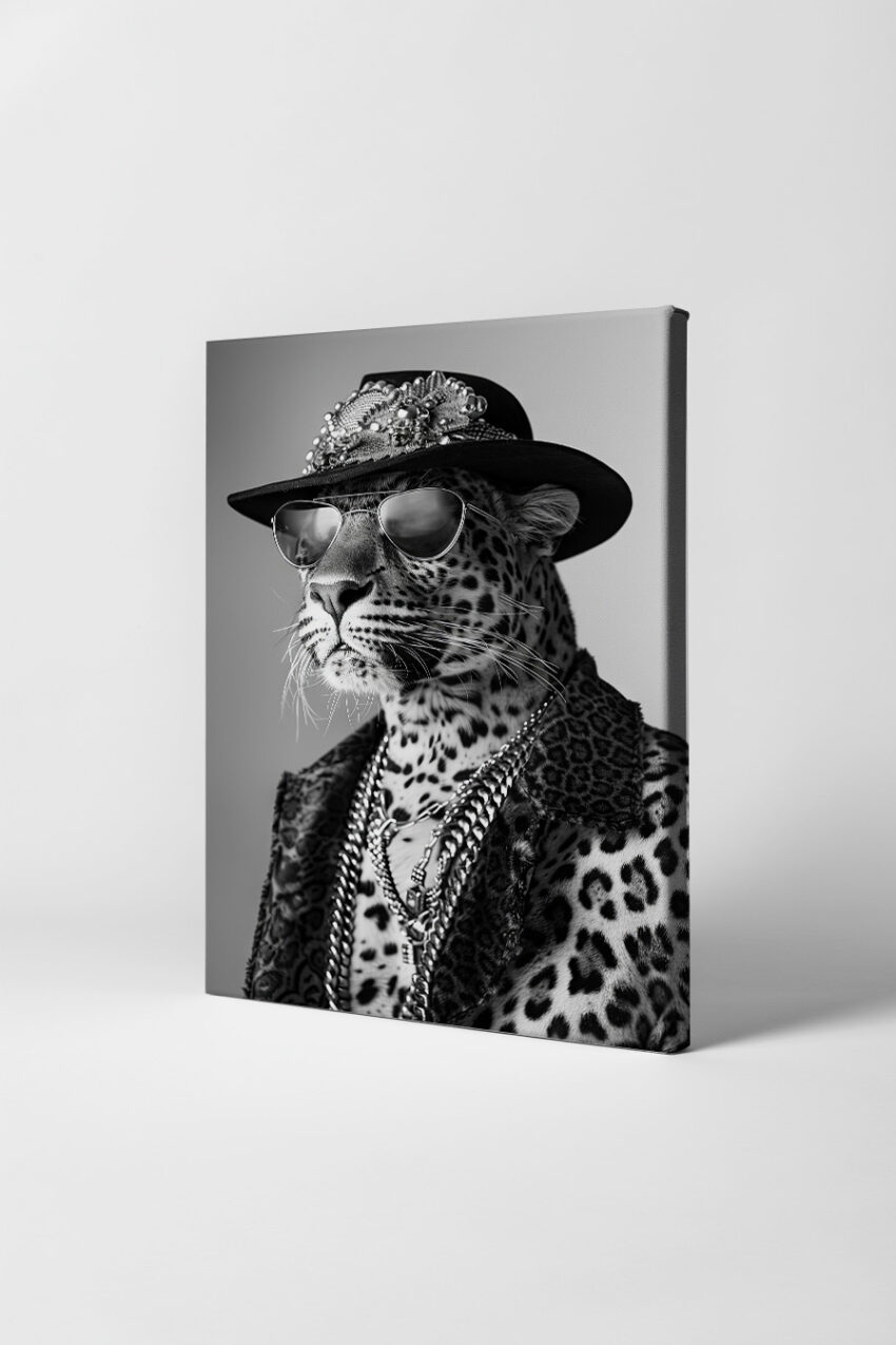 Fotografie Poster Leopard Hut Sonnenbrille schwarz-weiß