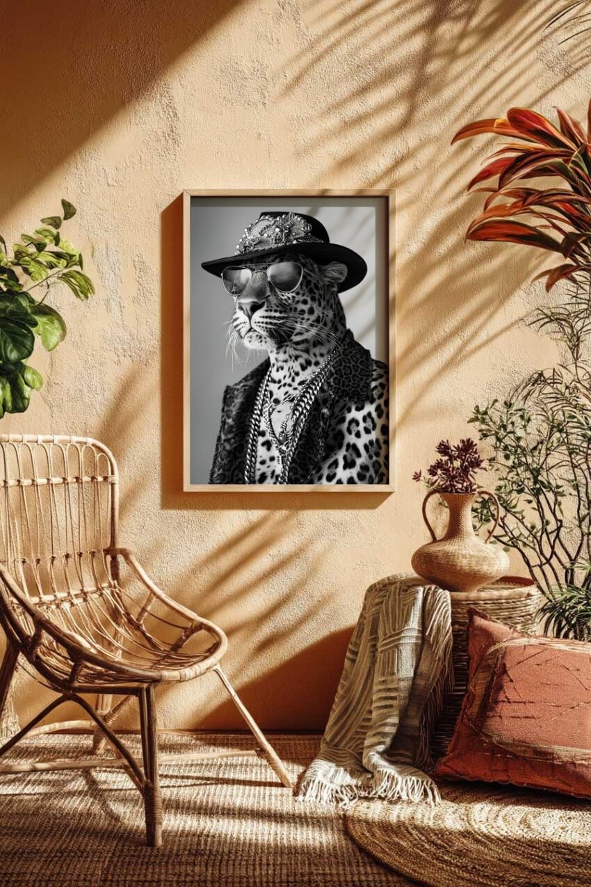 Fotografie Poster Leopard Hut Sonnenbrille schwarz-weiß