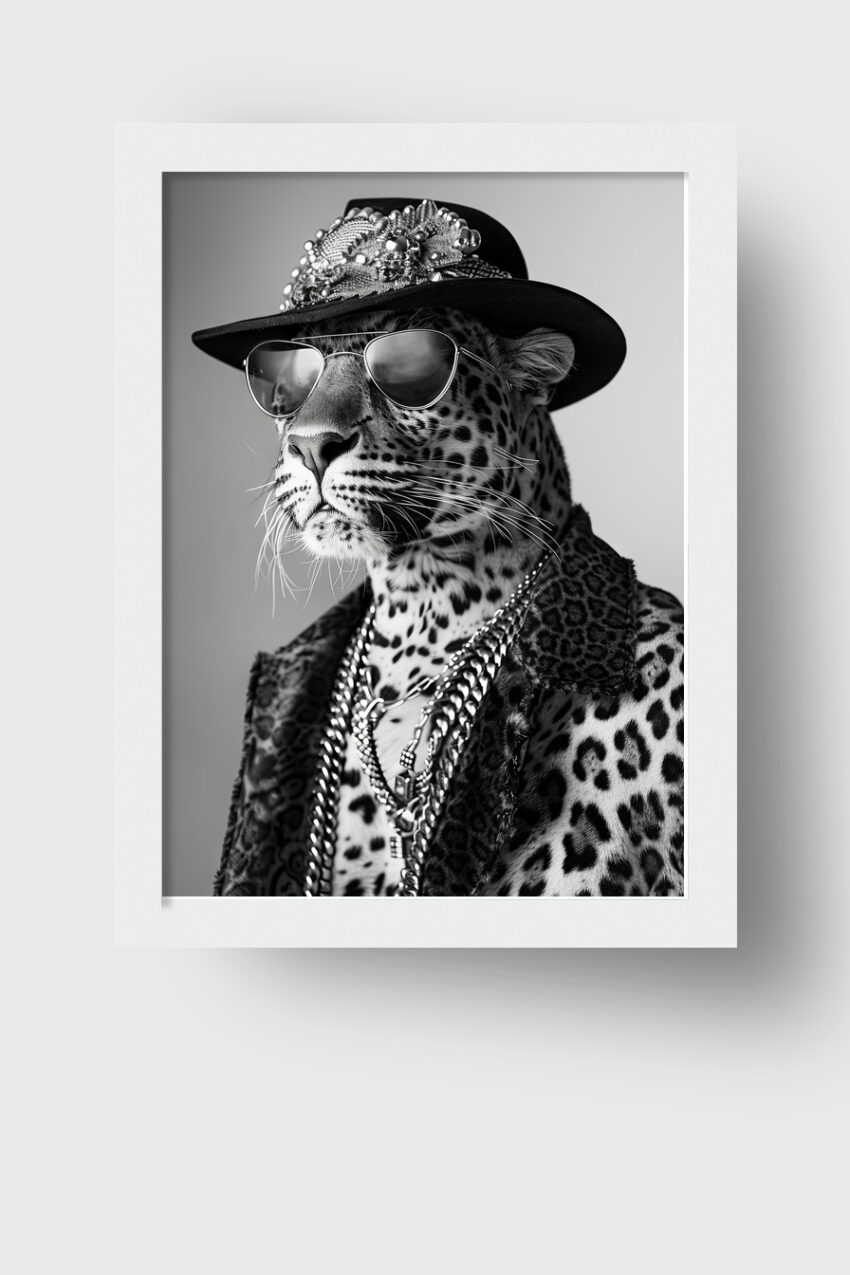 Fotografie Poster Leopard Hut Sonnenbrille schwarz-weiß