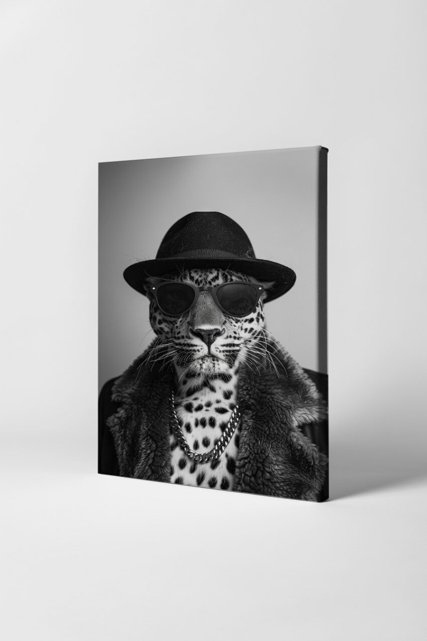Fotografie Poster Leopard mit Hut schwarz-weiß elegant
