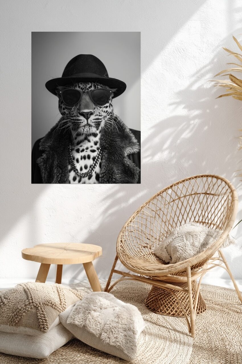 Fotografie Poster Leopard mit Hut schwarz-weiß elegant