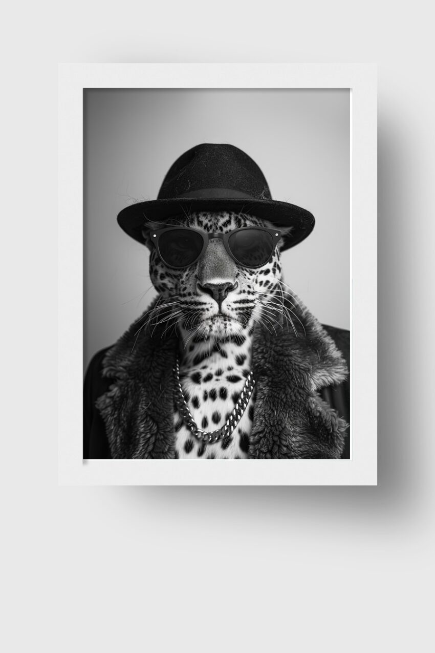 Fotografie Poster Leopard mit Hut schwarz-weiß elegant