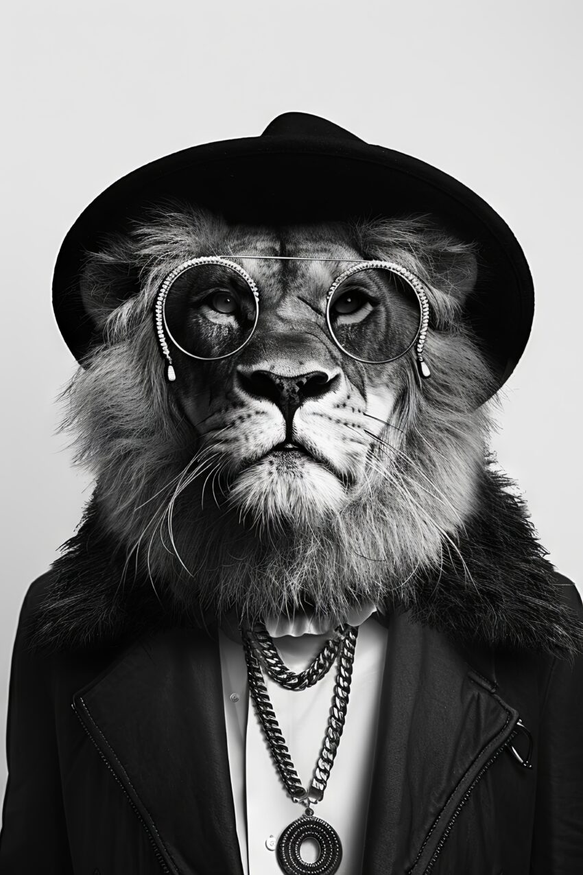 Fotografie Poster Löwe Hut Brille schwarz-weiß