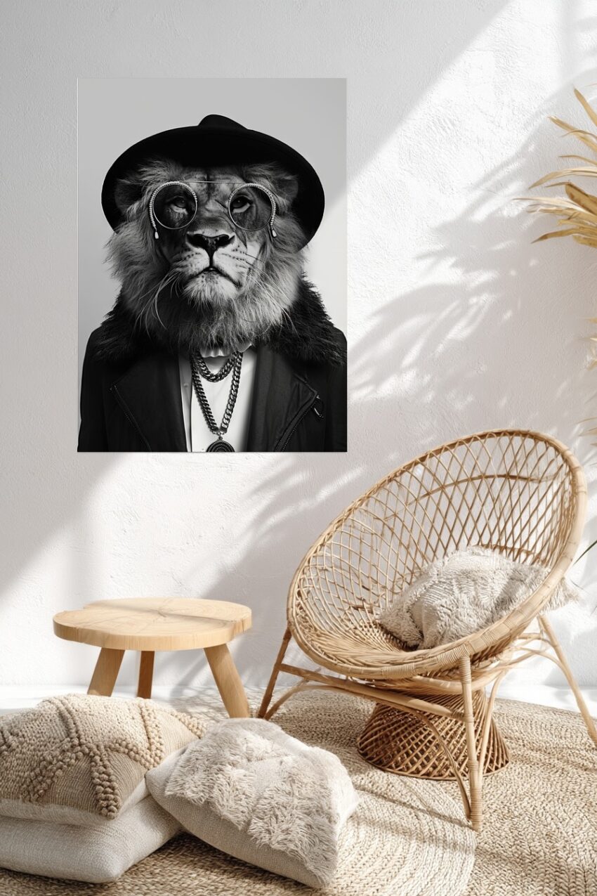 Fotografie Poster Löwe Hut Brille schwarz-weiß