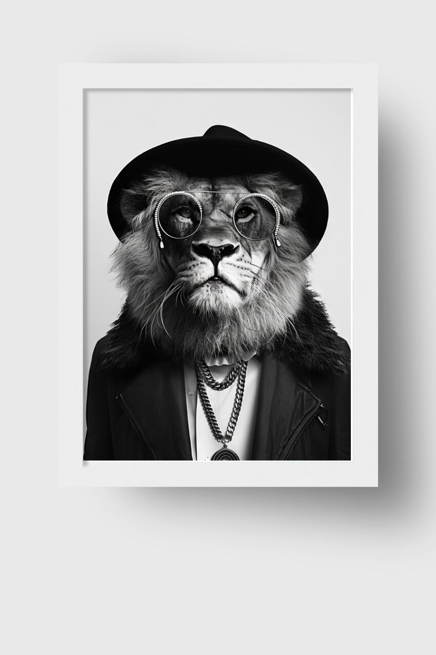 Fotografie Poster Löwe Hut Brille schwarz-weiß
