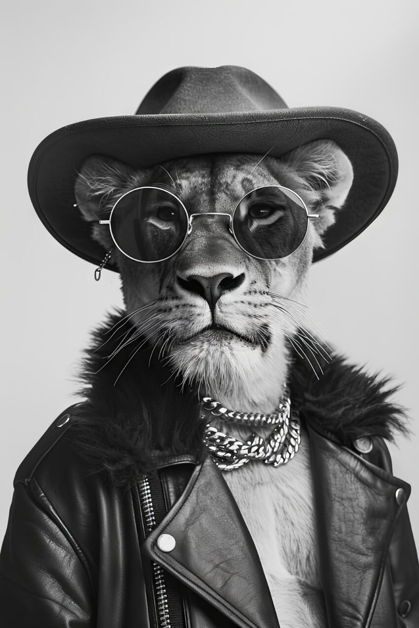 Fotografie Poster Löwin Lederjacke schwarz-weiß