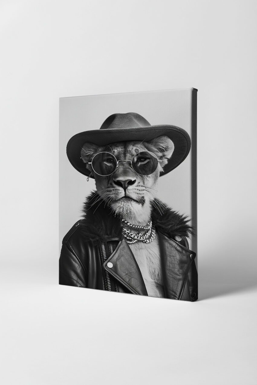 Fotografie Poster Löwin Lederjacke schwarz-weiß