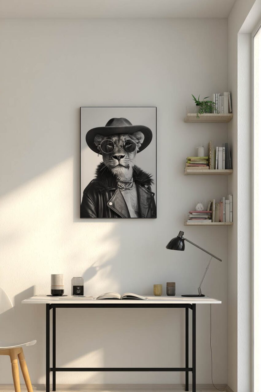 Fotografie Poster Löwin Lederjacke schwarz-weiß