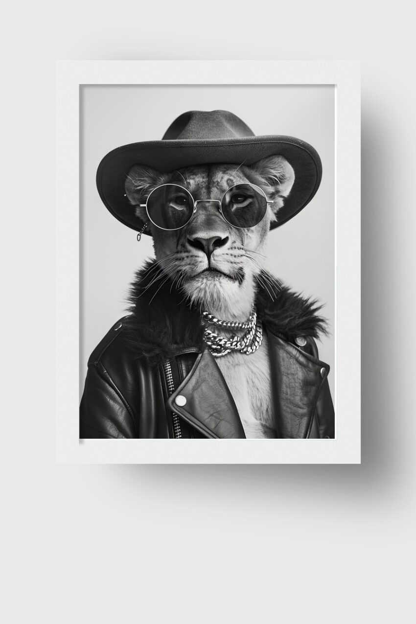 Fotografie Poster Löwin Lederjacke schwarz-weiß