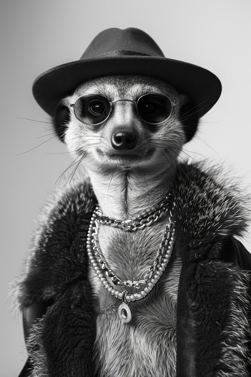 Fotografie Poster Erdmännchen Hut Sonnenbrille schwarz-weiß