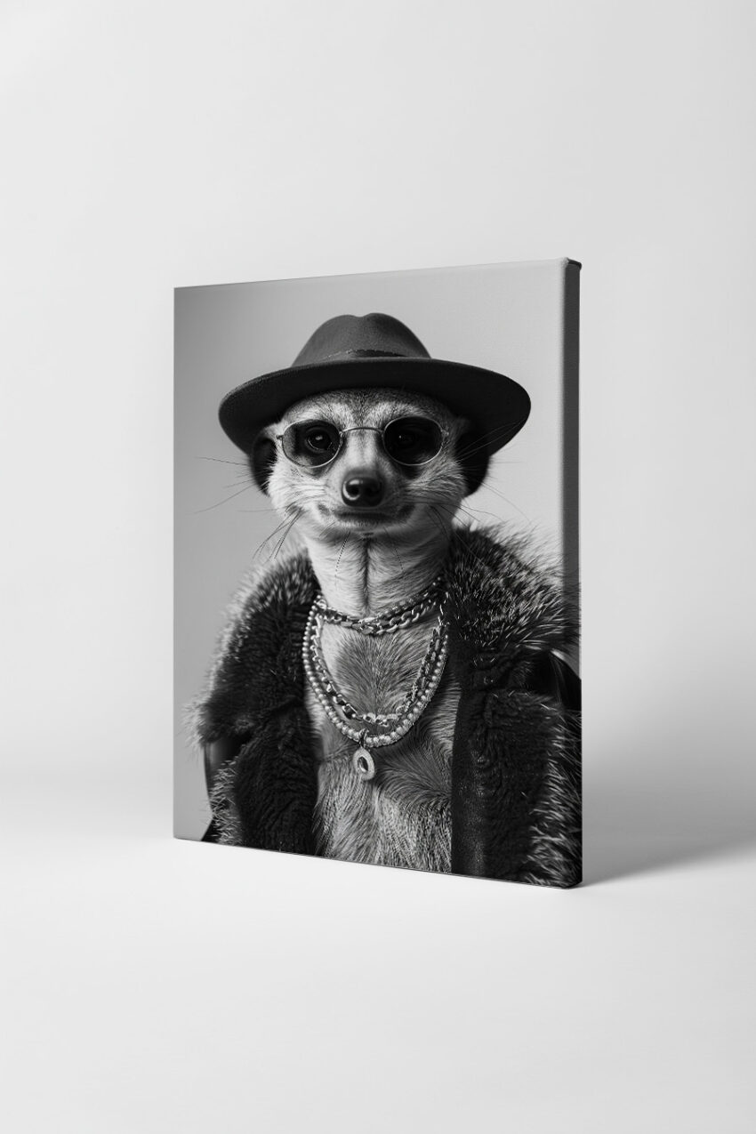 Fotografie Poster Erdmännchen Hut Sonnenbrille schwarz-weiß