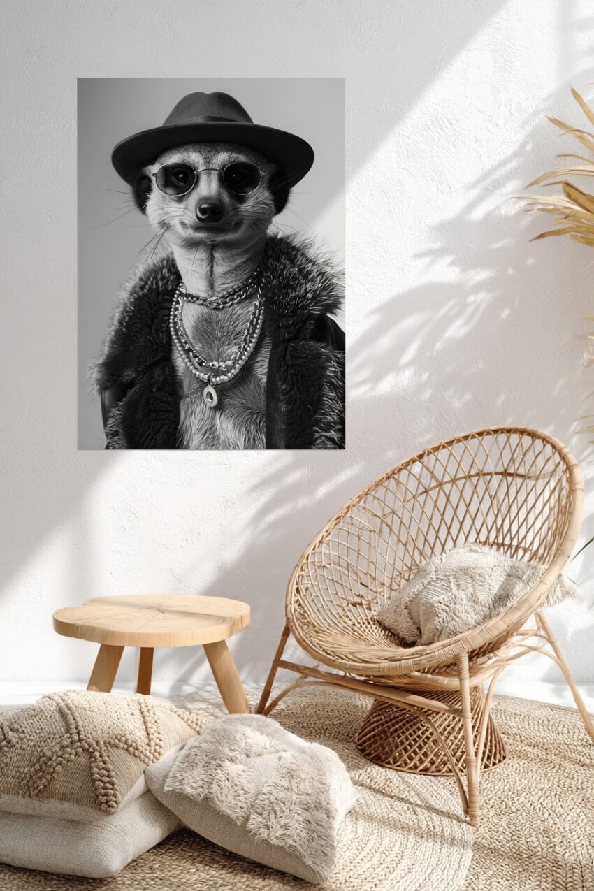 Fotografie Poster Erdmännchen Hut Sonnenbrille schwarz-weiß