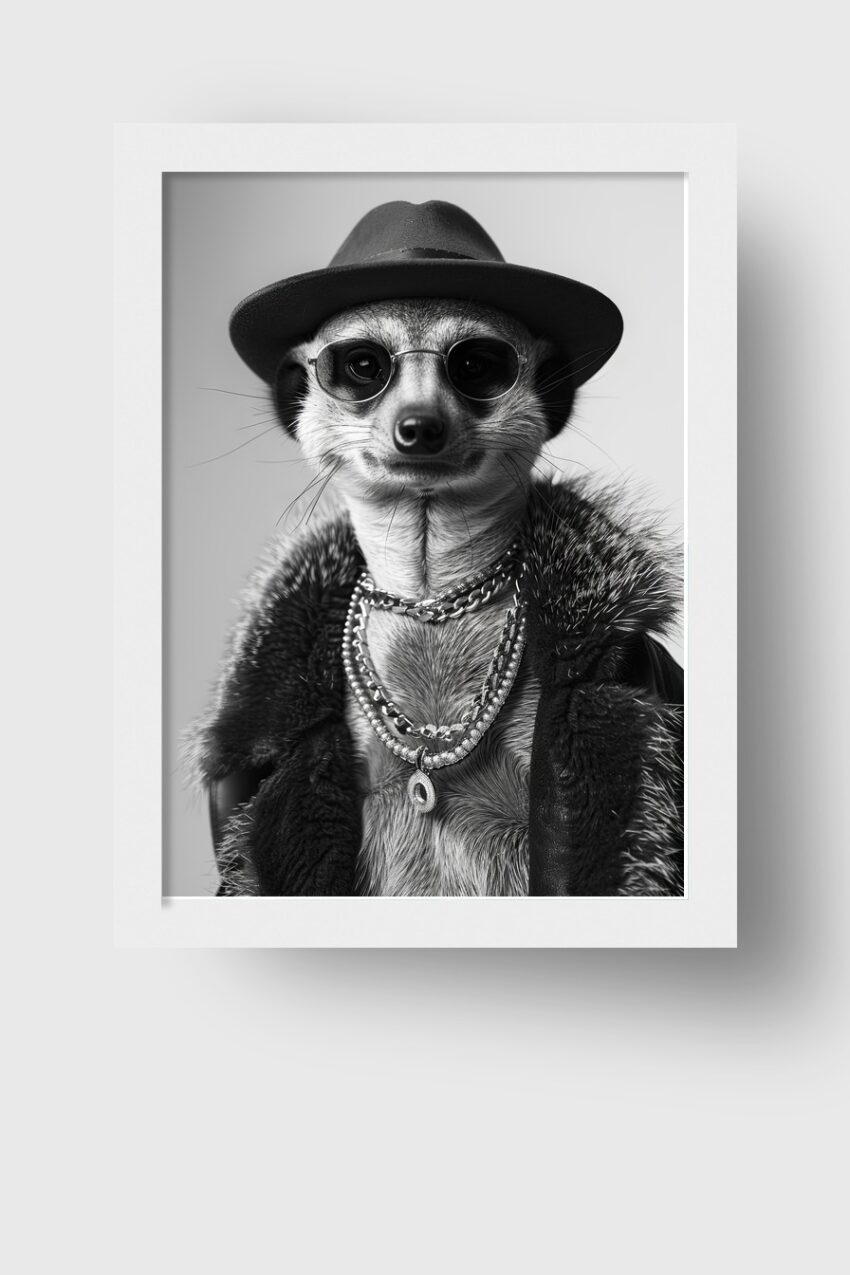 Fotografie Poster Erdmännchen Hut Sonnenbrille schwarz-weiß