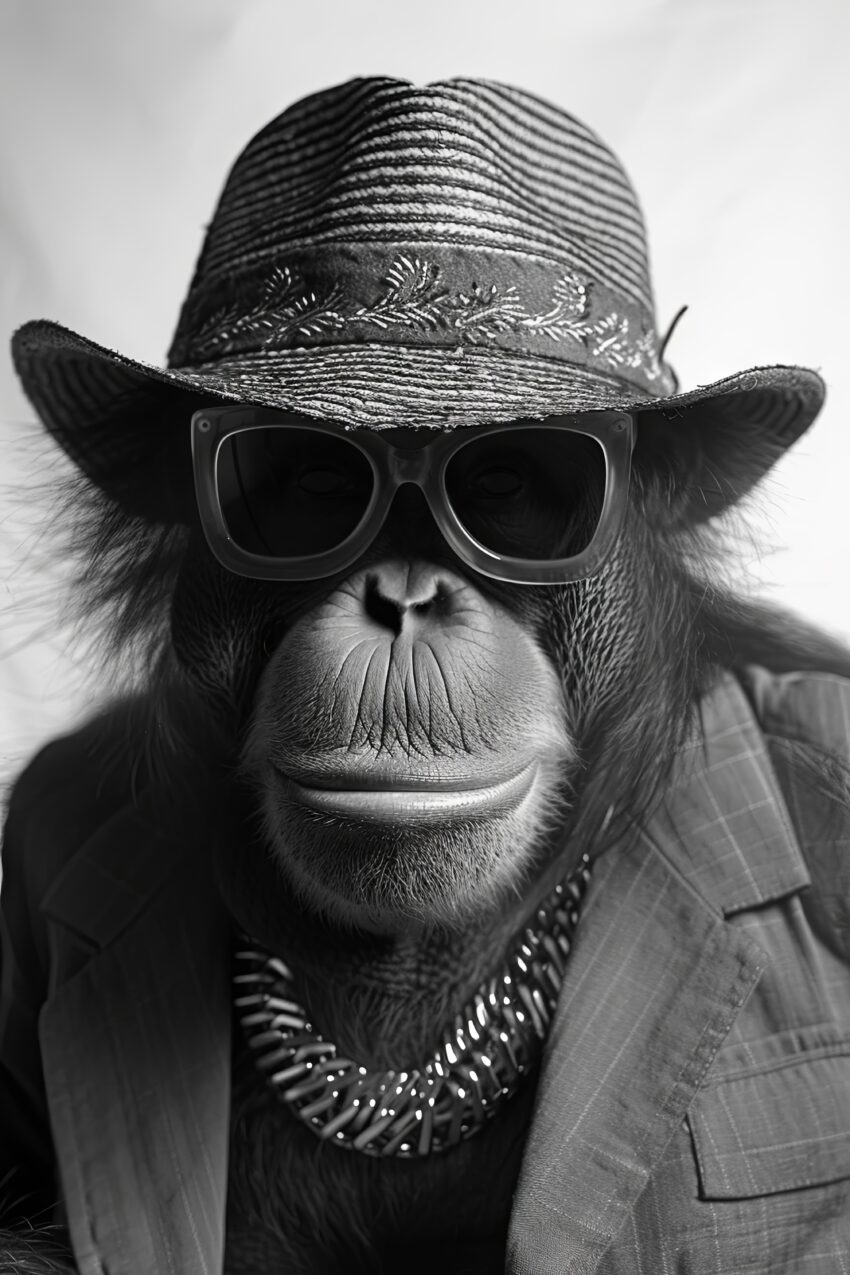 Fotografie Poster Orang-Utan Porträt schwarz-weiß Hut Brille