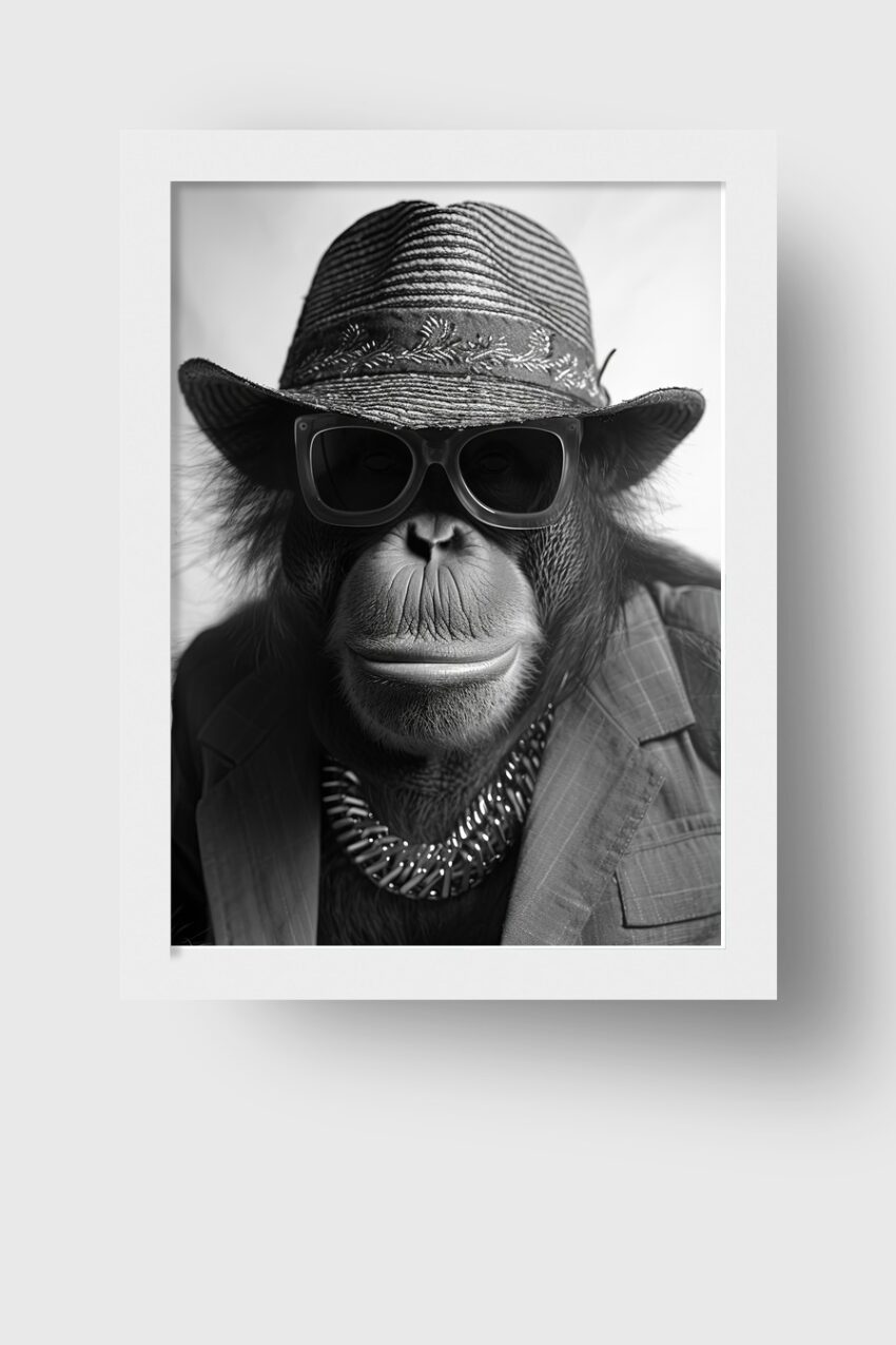 Fotografie Poster Orang-Utan Porträt schwarz-weiß Hut Brille