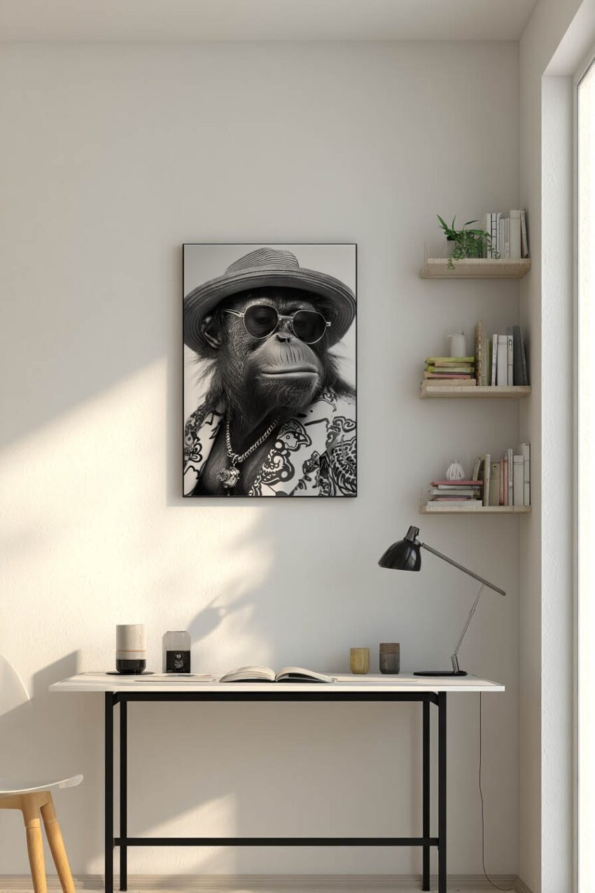 Fotografie Poster Schimpanse Sonnenbrille schwarz-weiß