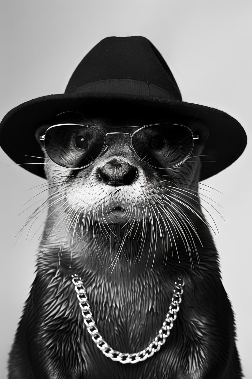 Fotografie Poster Otter schwarz-weiß Hut Sonnenbrille