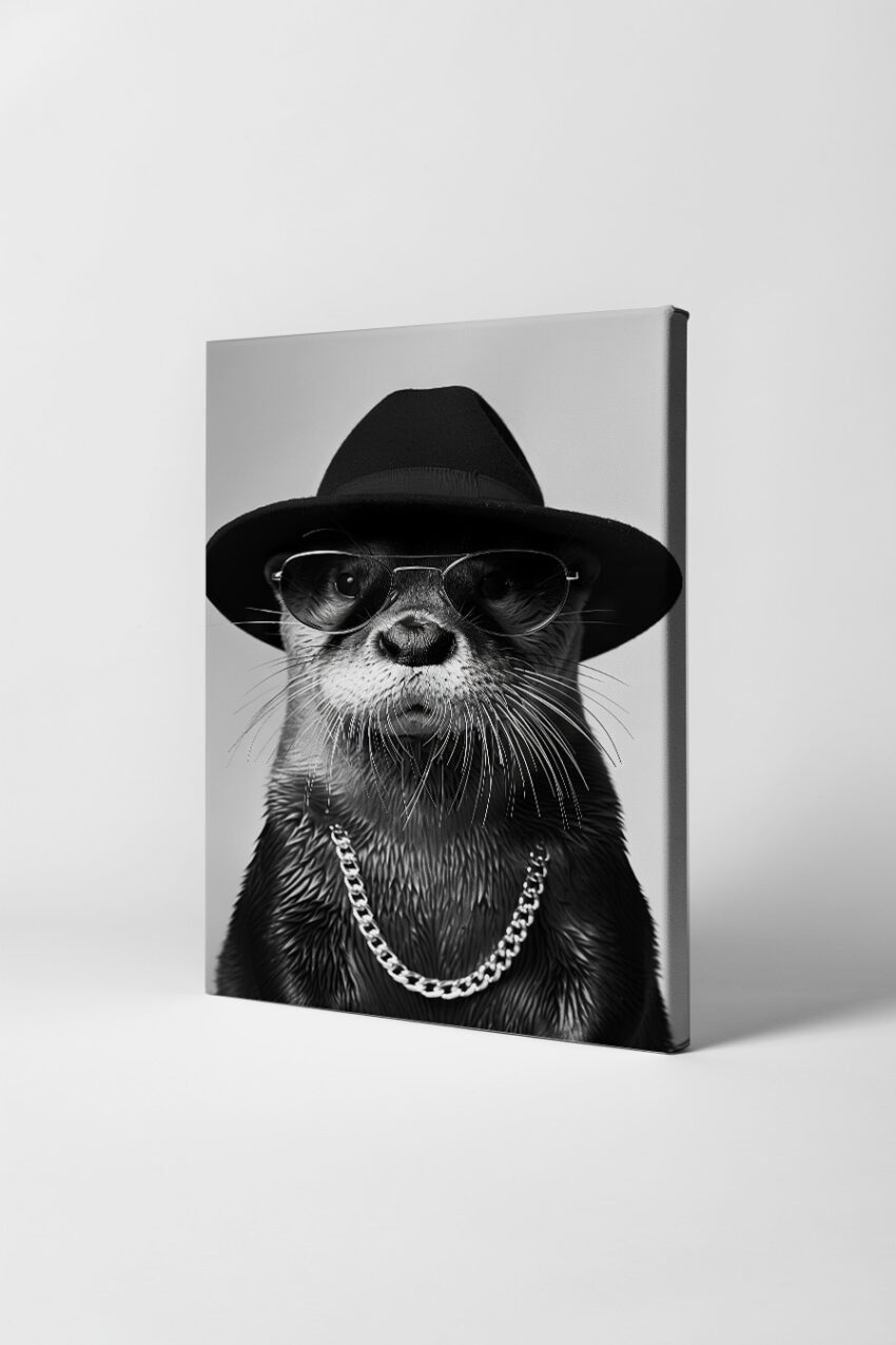Fotografie Poster Otter schwarz-weiß Hut Sonnenbrille