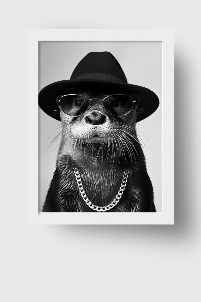 Fotografie Poster Otter schwarz-weiß Hut Sonnenbrille