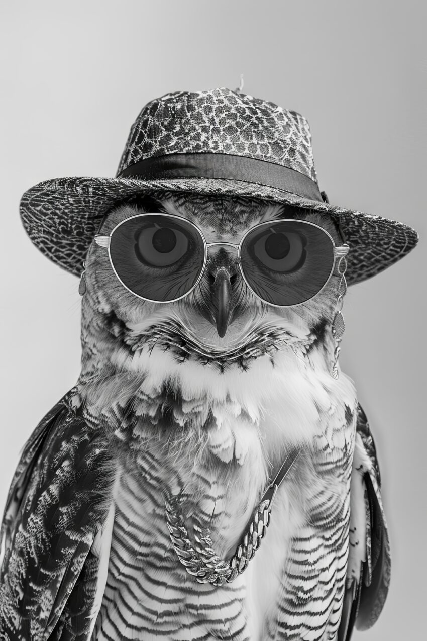 Fotografie Poster Eule mit Hut schwarz-weiß