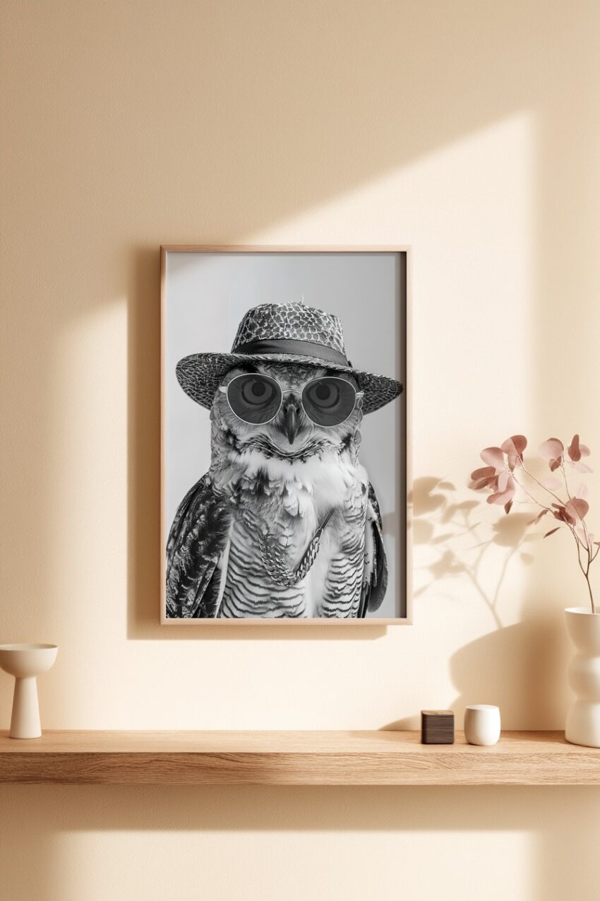 Fotografie Poster Eule mit Hut schwarz-weiß