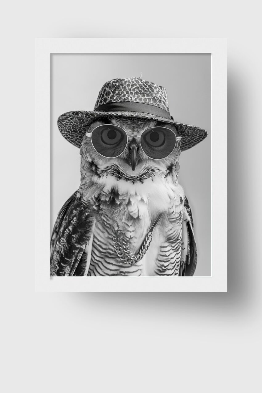 Fotografie Poster Eule mit Hut schwarz-weiß