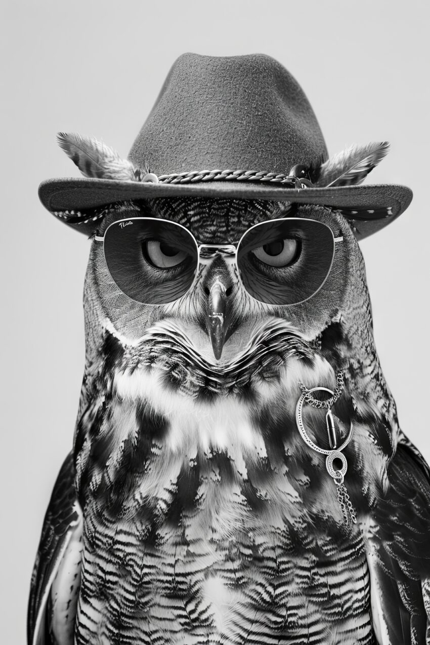Fotografie Poster Eule mit Sonnenbrille schwarz-weiß