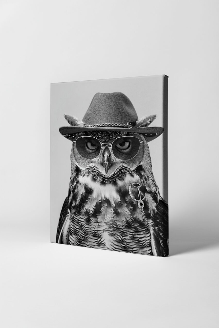 Fotografie Poster Eule mit Sonnenbrille schwarz-weiß