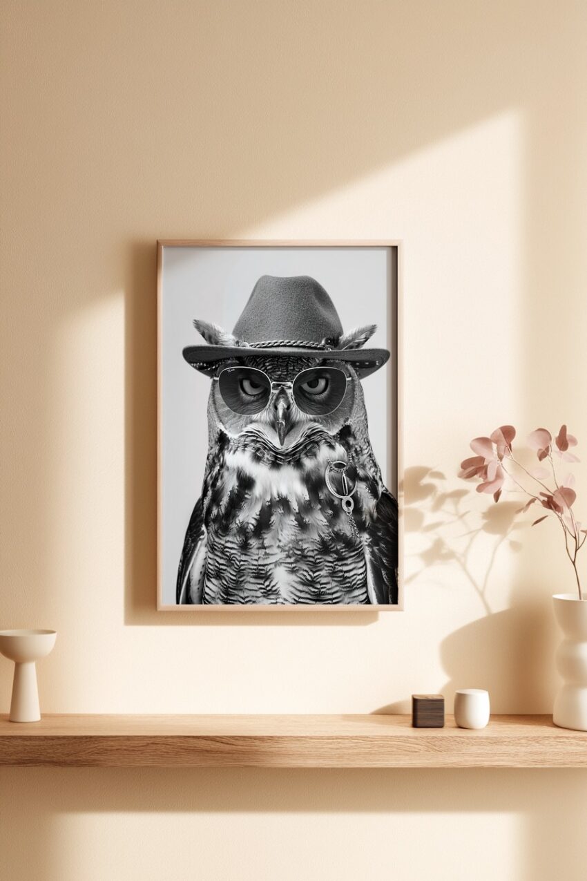 Fotografie Poster Eule mit Sonnenbrille schwarz-weiß