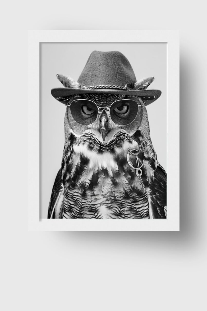 Fotografie Poster Eule mit Sonnenbrille schwarz-weiß