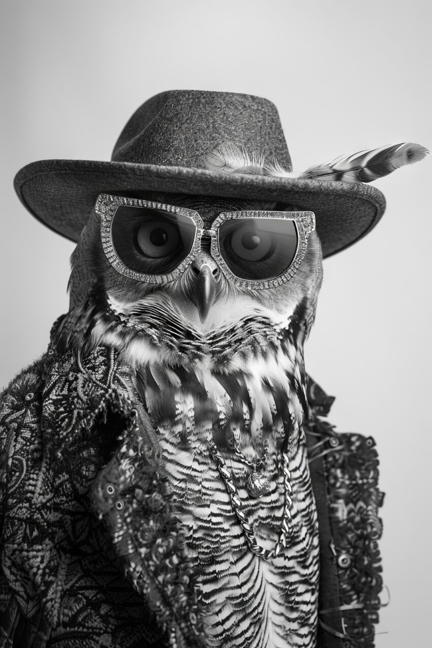 Fotografie Poster Eule Sonnenbrille Hut schwarz-weiß modisch