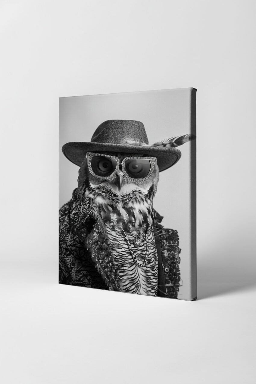 Fotografie Poster Eule Sonnenbrille Hut schwarz-weiß modisch