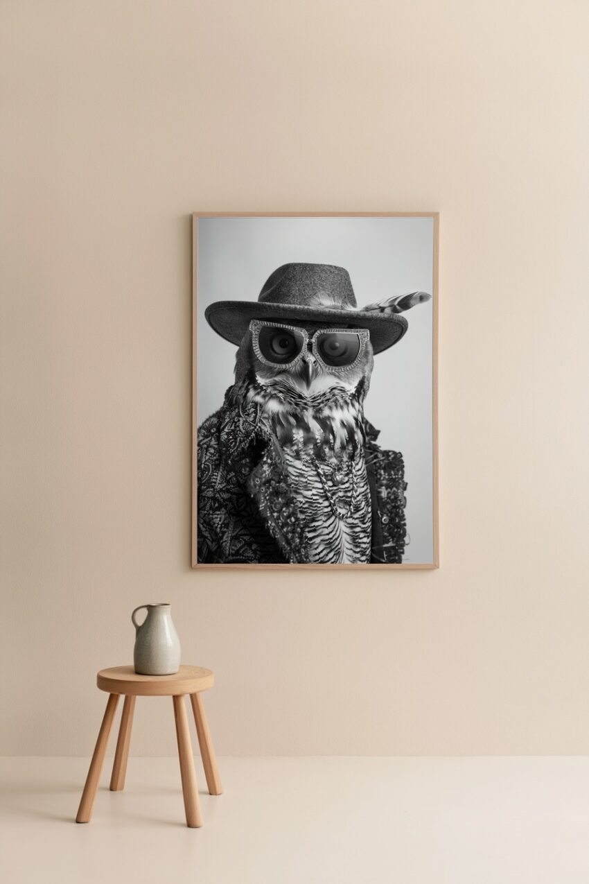 Fotografie Poster Eule Sonnenbrille Hut schwarz-weiß modisch