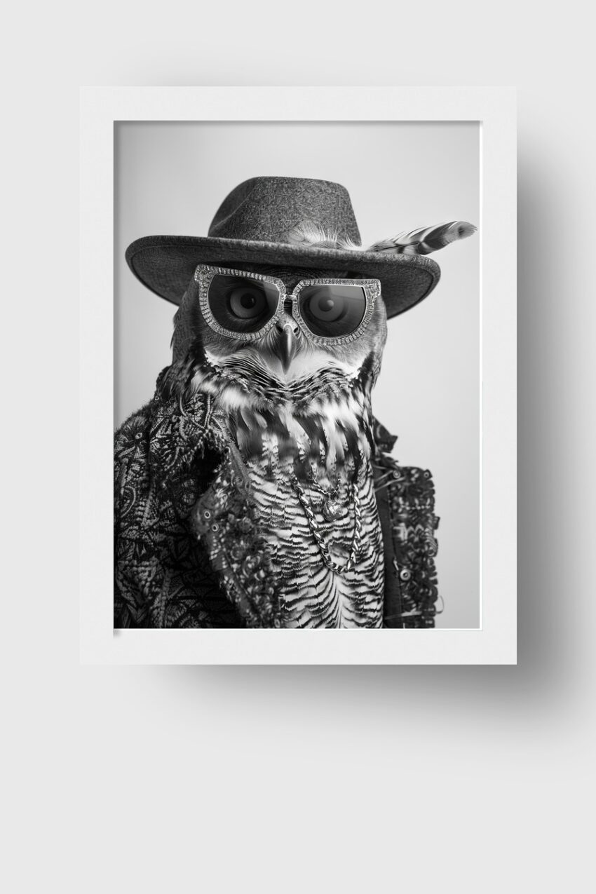 Fotografie Poster Eule Sonnenbrille Hut schwarz-weiß modisch
