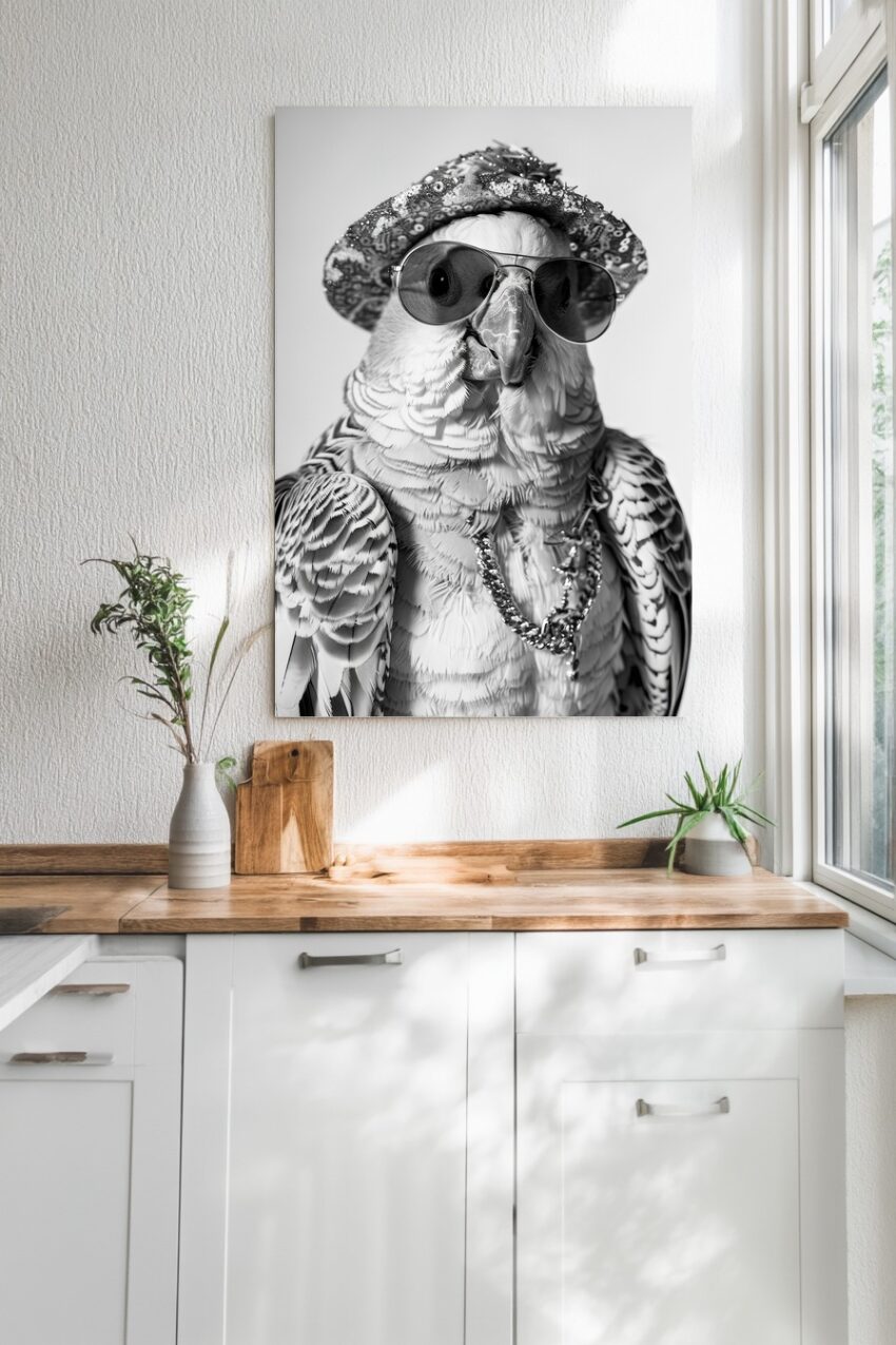Fotografie Poster Papagei Sonnenbrille schwarz-weiß
