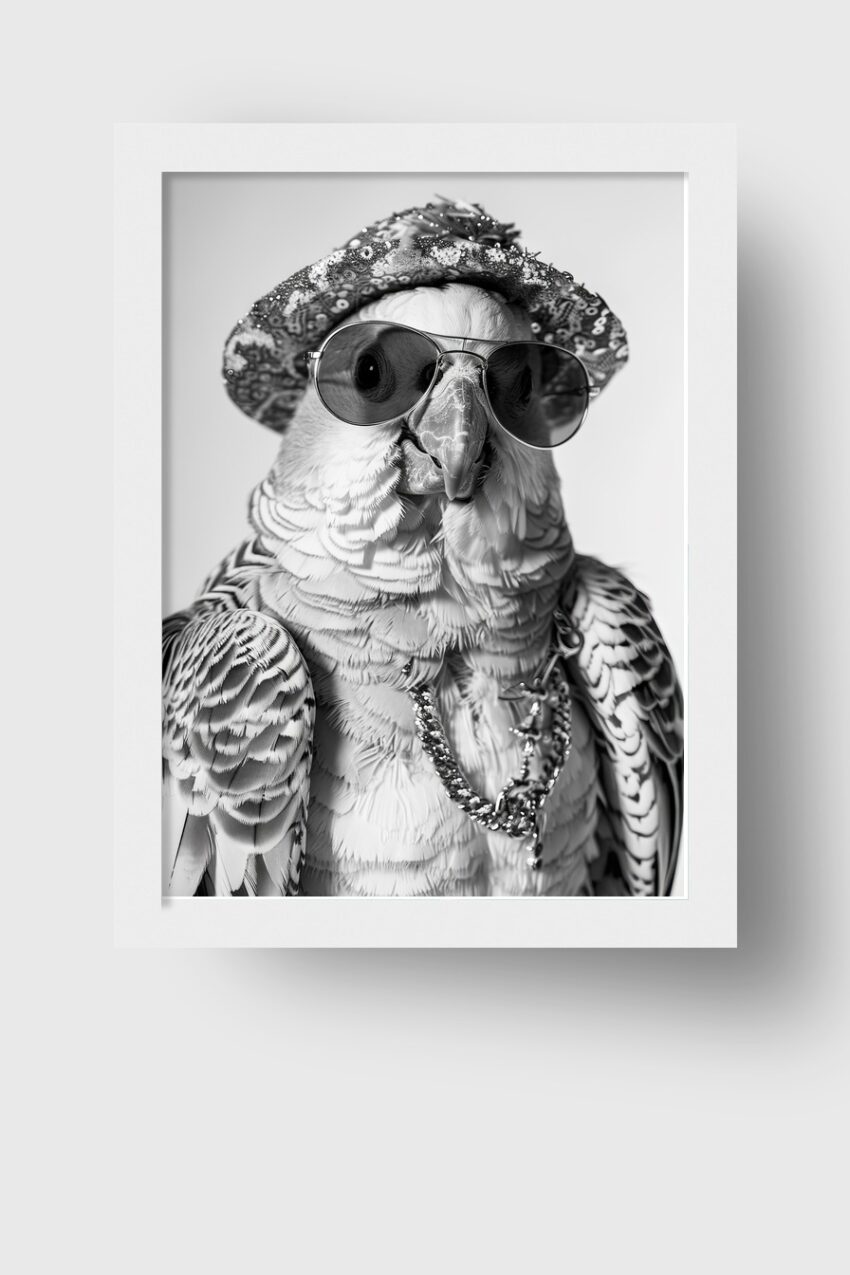 Fotografie Poster Papagei Sonnenbrille schwarz-weiß