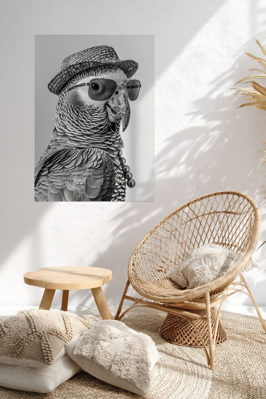 Fotografie Poster Papagei Sonnenbrille schwarz-weiß