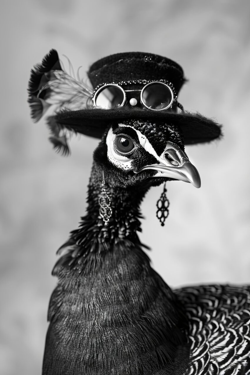 Fotografie Poster Perlhuhn Schwarzweiß Hut Federschmuck