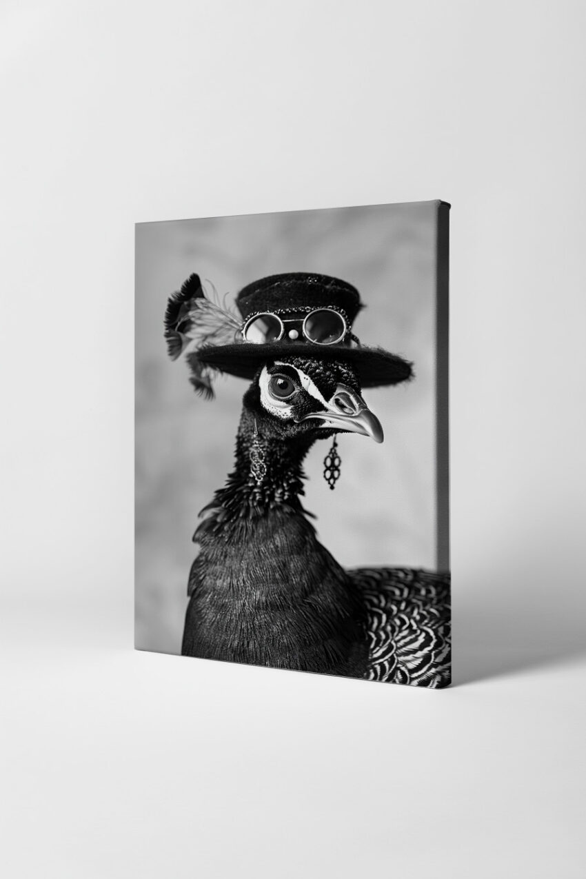 Fotografie Poster Perlhuhn Schwarzweiß Hut Federschmuck