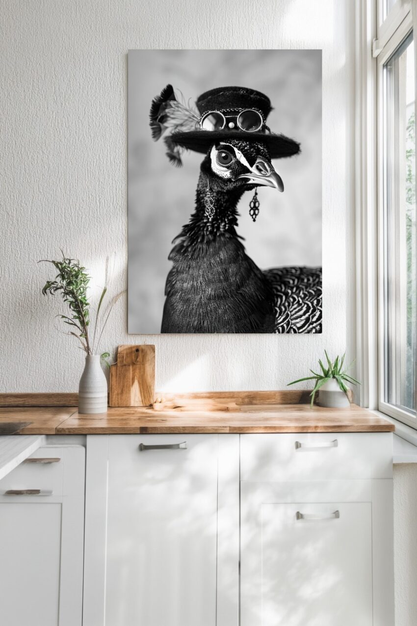 Fotografie Poster Perlhuhn Schwarzweiß Hut Federschmuck