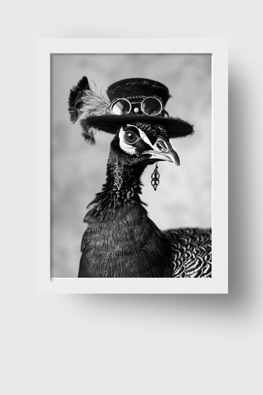 Fotografie Poster Perlhuhn Schwarzweiß Hut Federschmuck