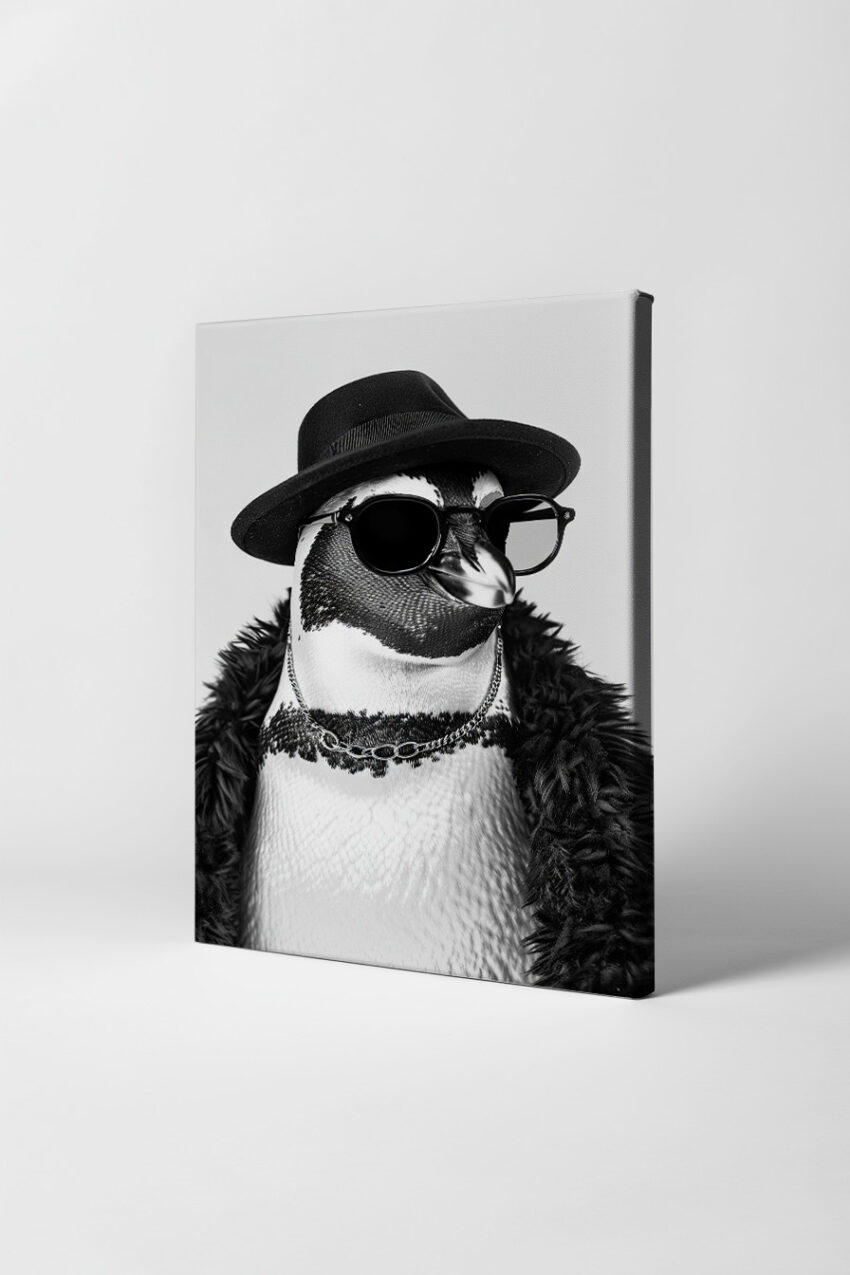 Fotografie Poster Pinguin Hut Kette schwarz-weiß