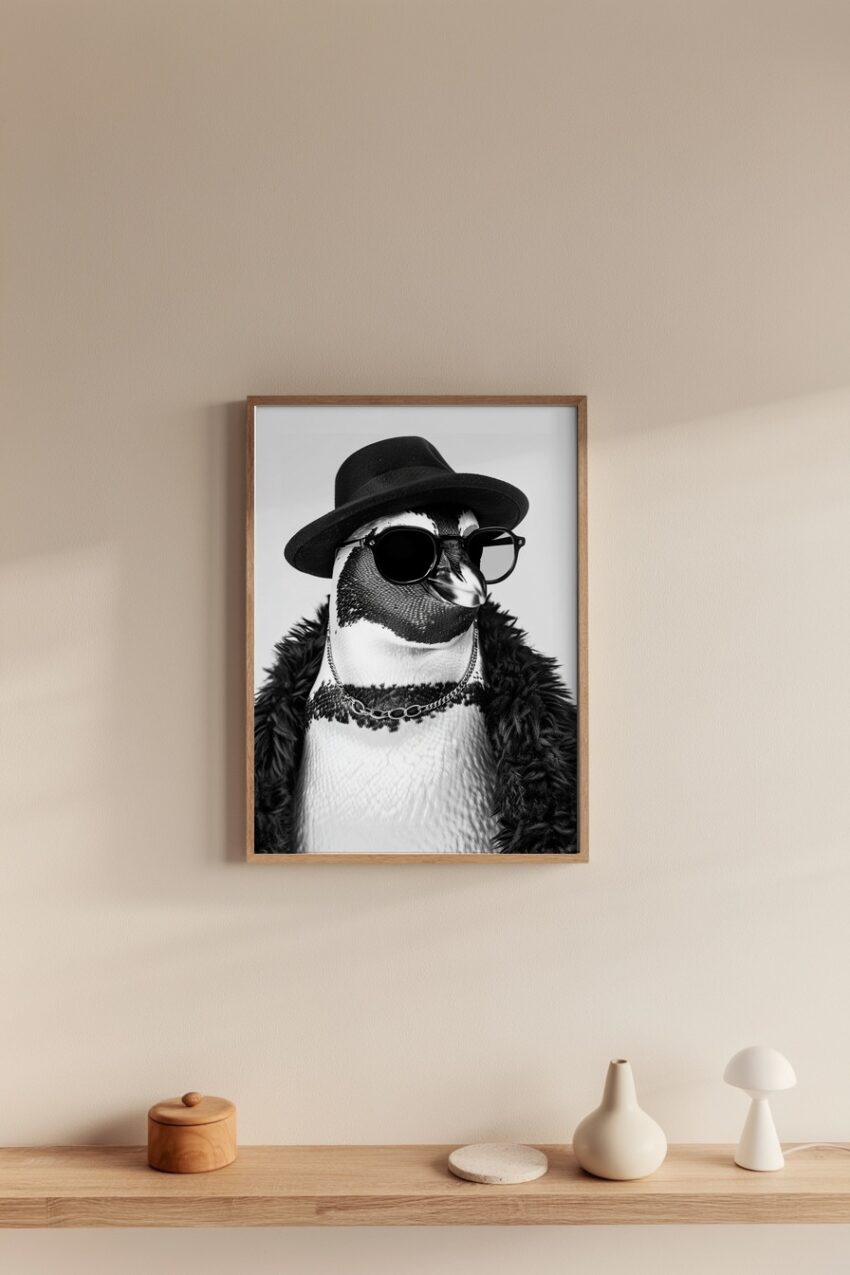 Fotografie Poster Pinguin Hut Kette schwarz-weiß
