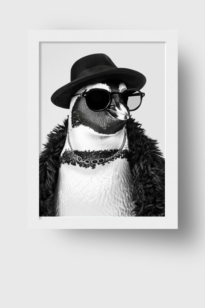 Fotografie Poster Pinguin Hut Kette schwarz-weiß