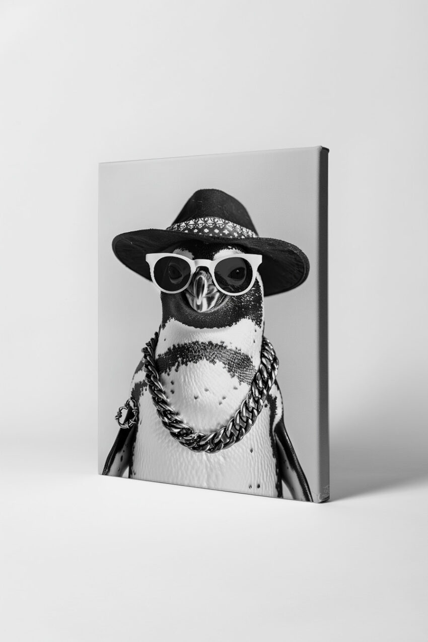 Fotografie Poster Pinguin schwarz-weiß mit Sonnenbrille und Hut