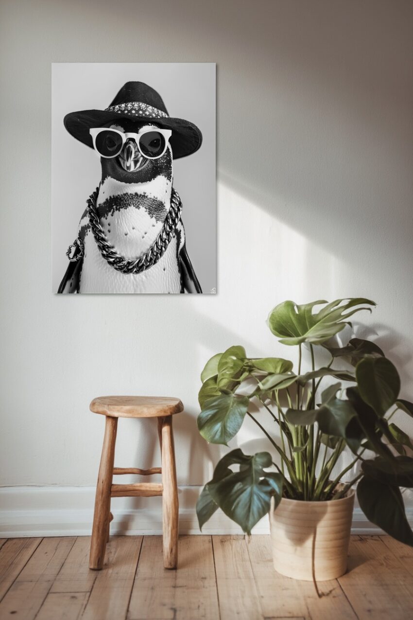 Fotografie Poster Pinguin schwarz-weiß mit Sonnenbrille und Hut